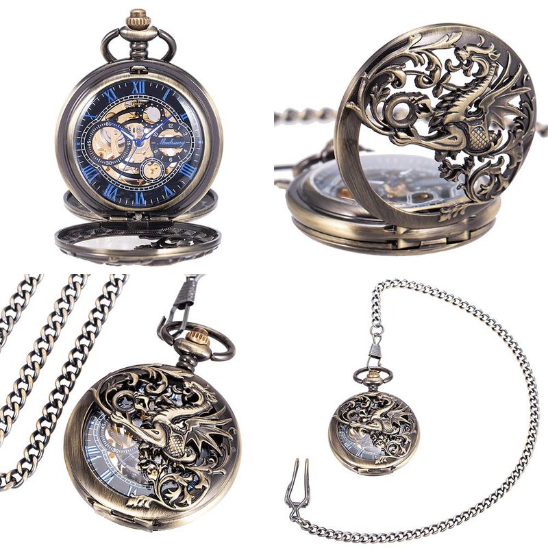 ManChDa Mens Antique Skeleton Mechanical Pocket Watch Dragon Hollow Hunter with Chain and Box - Image 3